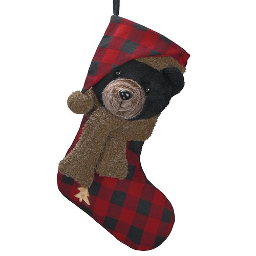 Valery Madelyn Christmas Stockings Decorations, 21 Inch Fabric Red Black Tartan Bear Cute Plush Personalized Fireplace Hanging Ornament for Holiday Xmas Party Decor