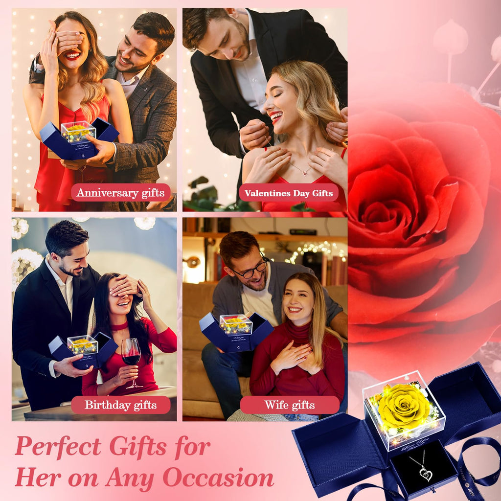 cdco Preserved Real Rose with Heart Necklace – “I Love You” in 100 Languages, Forever Romantic Anniversary Valentines Day Gifts for Her, Women, Wife, Girlfriend