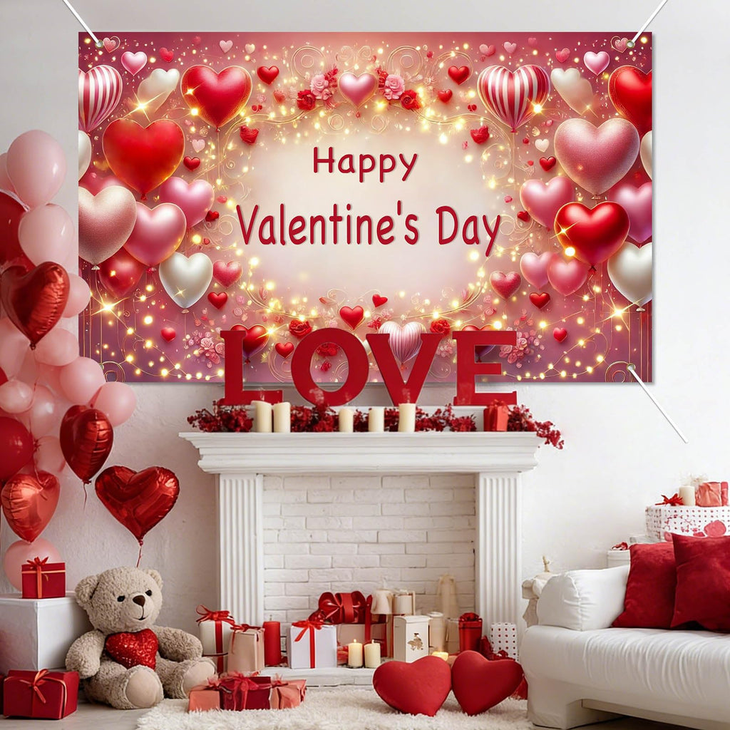 BlissYard Valentine’s Day Banner 71x43 Inches Happy Valentine Backdrop Love Heart Balloon Background Romantic Party Decoration for Valentine Celebration Anniversary Proposal Photo Booth Decor