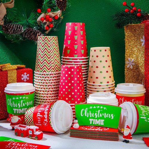 Zhehao 160 Sets/ 480 Pcs Disposable Coffee Cups Christmas Paper Cups with Lids and Sleeves for Cold Drink Tea Hot Cocoa Chocolate Holiday Xmas Party Supplies, 4 Designs(Classic Style, 12 oz)