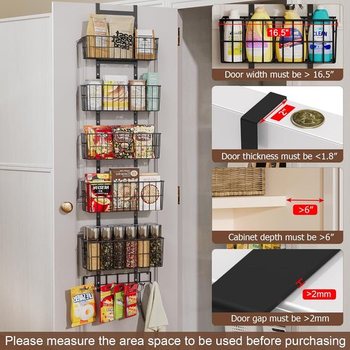 Hongtamoya Adjustable Over The Door Organizer - Metal Hanging Storage with 5 Baskets & 7 Hooks | Black