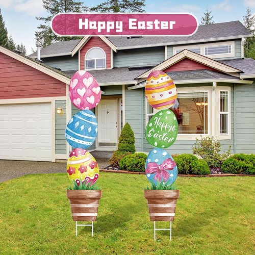 CroBlissful Large Metal Easter Eggs - Rustic Oil Painting Decor for Outdoor Yard Signs | 29 Inch