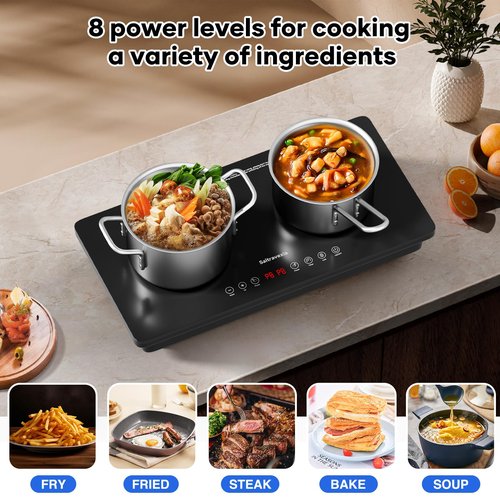 Saitravexia 1800W Portable 2 Burner Countertop Electric Stove with Touch Control, Cross-Line Panel Design, 8 Power Levels, Timer, Safety Lock, Compatible with Magnetic Cookware