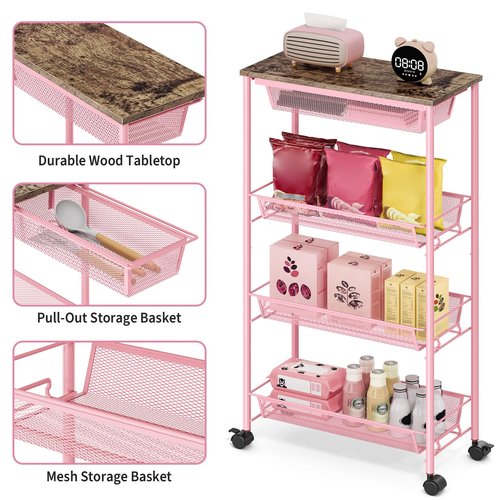 KINGRACK 4-Tier Slim Storage Cart, Metal Rolling Cart, Organizer with Wooden Tabletop and Drawer Basket, Mobile Shelving Unit for Kitchen, Bathroom, Laundry Room, Pink