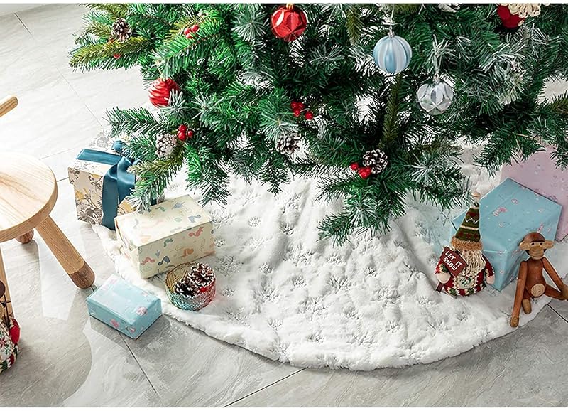 Luxury Snowy White Plush Christmas Tree Skirt 57 Inches with Silver Snowflakes