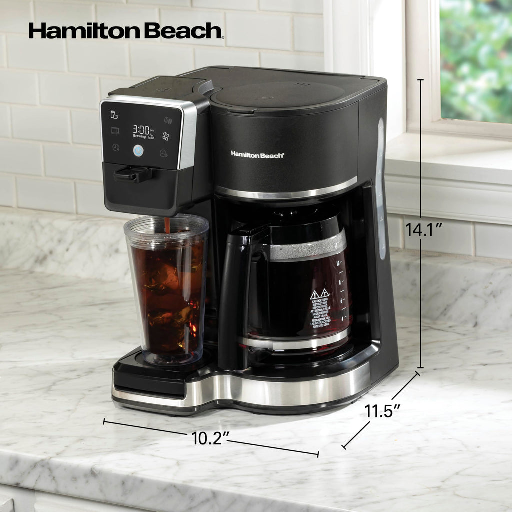 Hamilton Beach 2-Way 12 Cup Programmable Drip Hot and Iced Coffee Maker & Single Serve Coffee Machine, AquaFlow Showerhead, Glass Carafe, Auto Pause and Pour, Black (47500J)