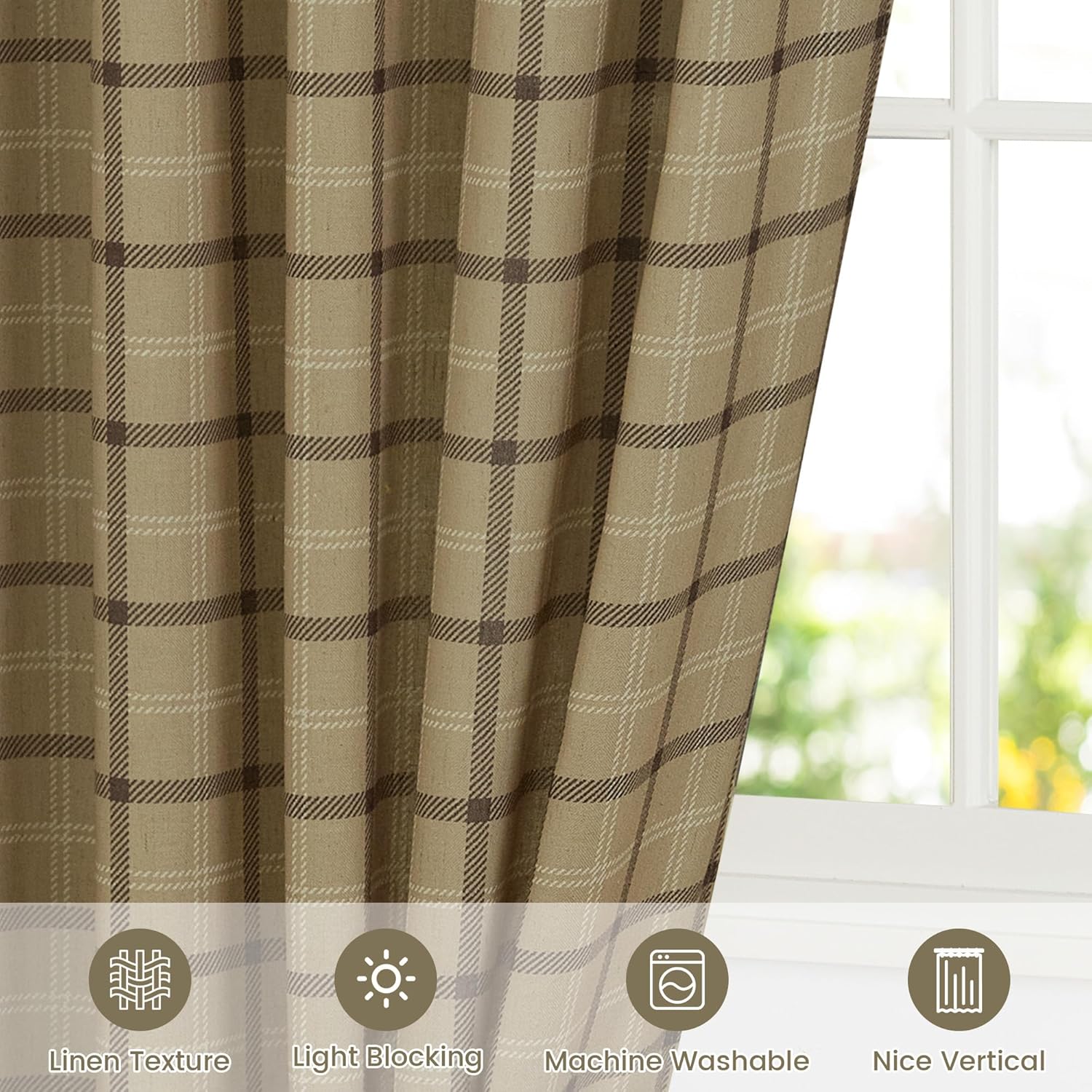 NICETOWN Linen Plaid Curtains - 84-Inch Light Filtering Privacy Shade | Semi-Sheer Grid Pattern, 1 Pair, 52W x 84L