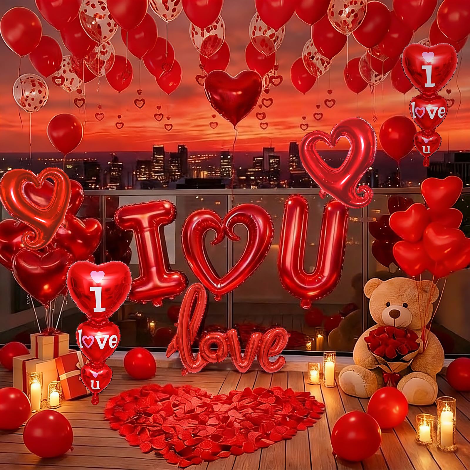 36in I Love You for Her/Him Balloons, 1126pcs Happy Anniversary Decorations with Red Heart Confetti Balloons Rose Petals, Heart Hanging for Valentines Anniversary Day Wedding Romantic Special Night