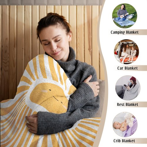 HIWX Boho Sun Kids Blanket, Boho Blankets, Bohemia Yellow Abstract Smily Sunshine Throw Blanket for Kids Girls Boys Nursery Toddler Room Bedroom Home Office Couch Bed Decor, 40x30 Inches