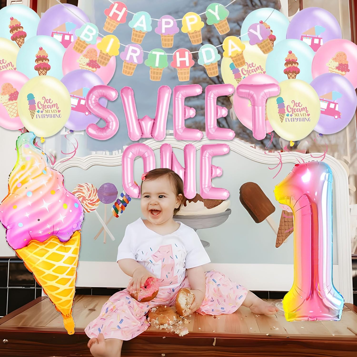 Sweet One 1st Birthday Decorations for Girls - Donut & Ice Cream Theme Party Supplies Set