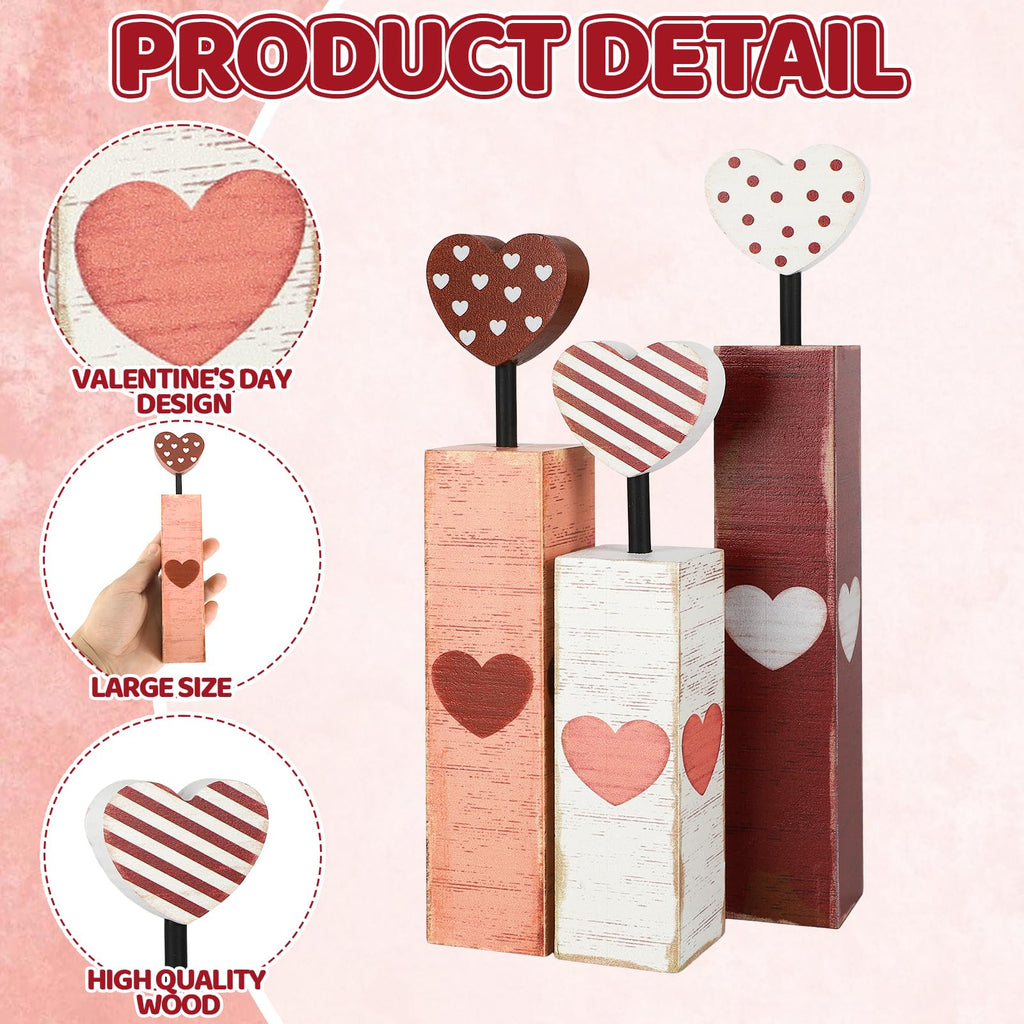 Valentine's Day Table Decorations 3 PCS Red Heart Tiered Tray Decor Wooden Rustic Valentine's Day Decor for Wedding Party Supplies (Candle.A)