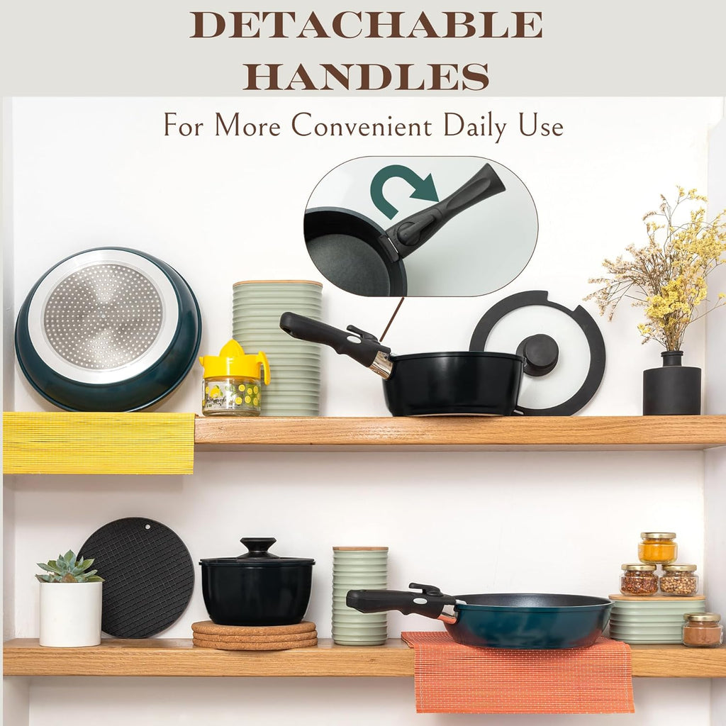 Moss & Stone Nonstick Cookware Set - 10-Piece Space-Saving Pots and Pans with Removable Handles | RV & Induction Ready