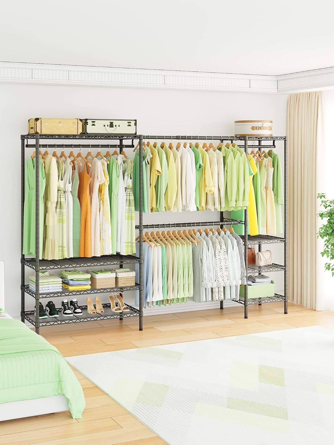 Ulif E11 Heavy-Duty Garment Rack - Metal Freestanding Clothes Organizer with 8 Shelves & 4 Hanger Rods | Black, 71.2" H