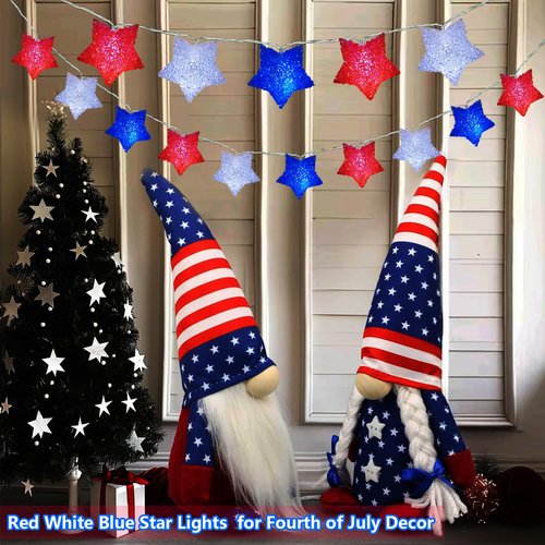 4th of July Decorations Red White and Blue Star Lights 6.8Ft 10 LED 3D Star Patriotic Lights with Timer, Fourth of July String Light for Indoor Outdoor Memorial Day Independence Day Party Home Decor