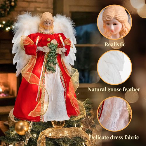 Christmas Angel Tree Topper with Light | 12” Christmas Tree Topper - Battery Operated - Natural Goose Feather - Red Dress Treetop Ornaments Indoor Decorations