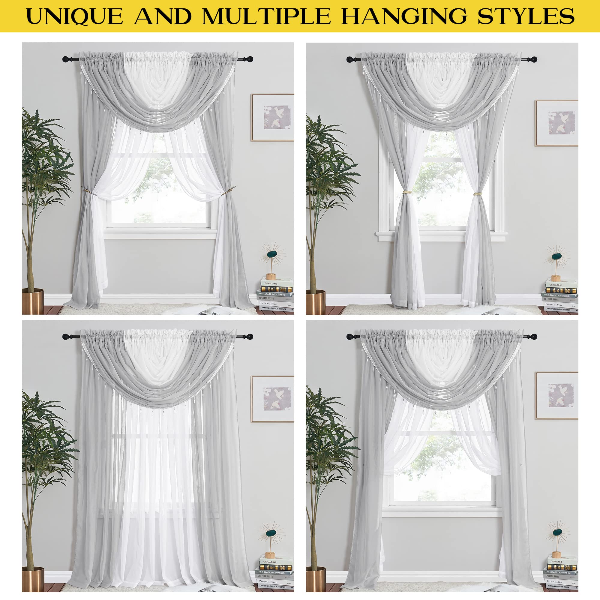 NICETOWN Sheer Curtain Elegant Voile Curtains for Living Room/Nursery, Victorian Drapes Rod Pocket, Light Grey & White