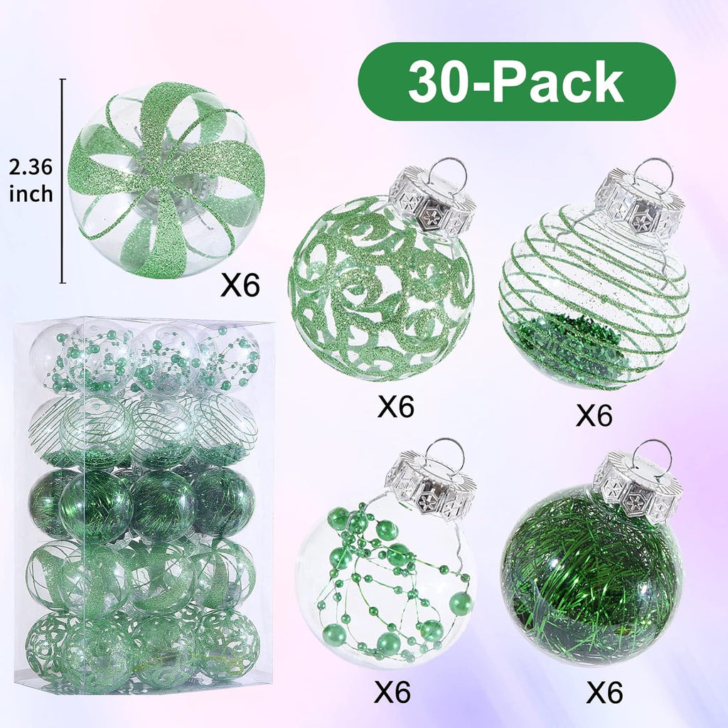 Skiennix Christmas Ornaments Set - 30pcs Shatterproof Green & Clear Baubles for Holiday Decor | 60MM