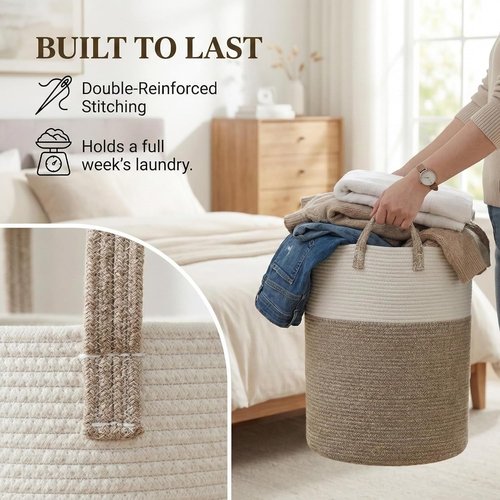 JMvicyroam Large Woven Laundry Basket - 80L Cotton Rope Storage Bin for Toys, Blankets & Clothes | Brown