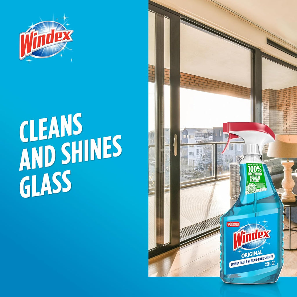 Windex Glass Cleaner Spray - Eco-Friendly 100% Recycled Plastic - Original Blue Scent | 23 Fl Oz (Pack of 6)