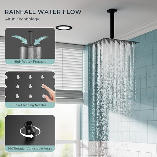 FORIOUS Rain Shower Head System - 10 Inch Matte Black Faucet Set with Handheld Spray & Solid Brass Valve