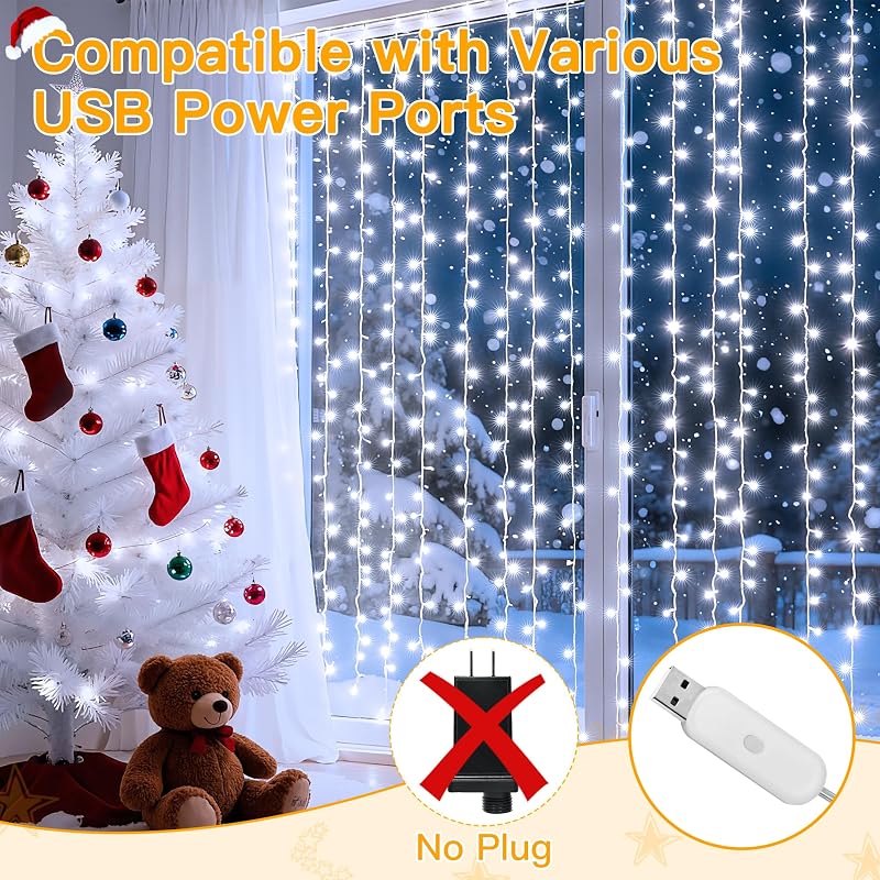 Ollny Curtain Lights 6.6x6.6ft 200 LED White with Remote – Cool White Variation