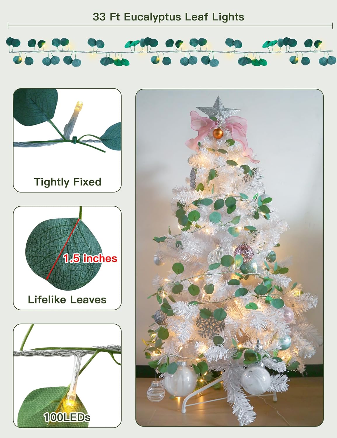 Suddus Eucalyptus Garland String Lights - 33ft with 100 LED Lights & Remote | Warm White Decor for Bedroom, Garden, Party, Wedding