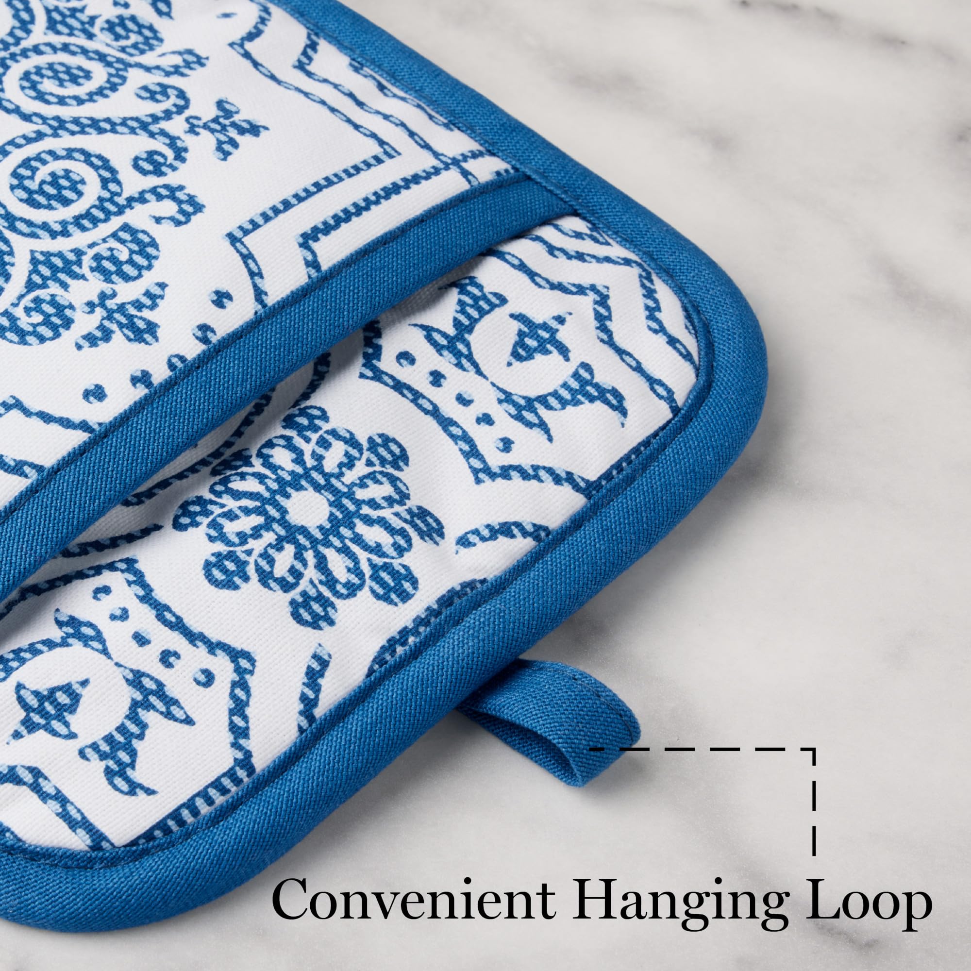 MARTHA STEWART Strie Medallion Pot Holder 2-Pack Set, Heat Resistant, Non-Slip Silicone Grip, Navy Blue, 7"x10"