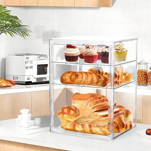 Attelite Pastry Display Case,2 Pack 4 Layers Adjustable Clear Bread Box for Kitchen Countertop,Bread Storage with Magnetic Door Bakery Pastry Display15.5x11.4x9.8inch