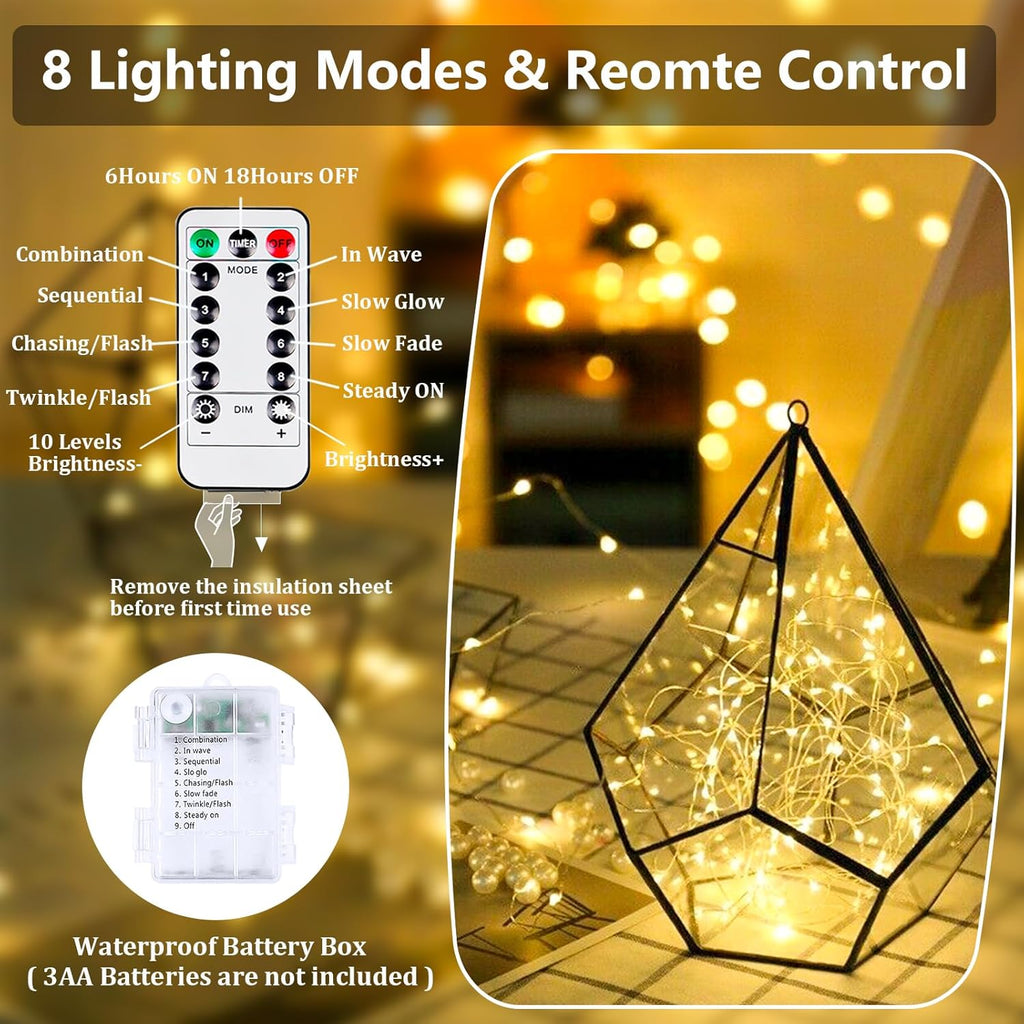 Skiennix 2-Pack Battery Operated Fairy Lights - 66FT 200 LED Waterproof String Lights | 8 Modes with Timer for Indoor & Outdoor Decor (Warm White)