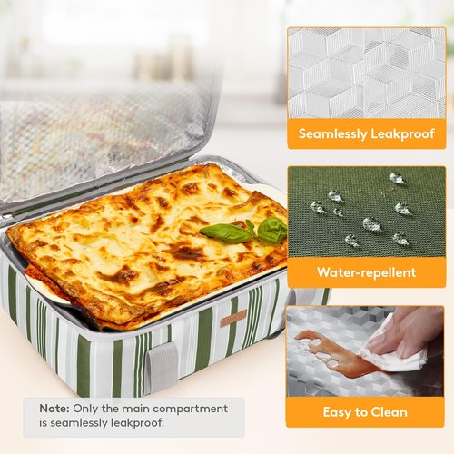 LUNCIA Insulated Single Decker Casserole Carrier, Lasagna Lugger Tote Keeps Food Hot or Cold, Thermal Lunch Bag for Potluck Parties, Picnic and Cookouts, Fits 9" x 13" Baking Dish, Dark Green