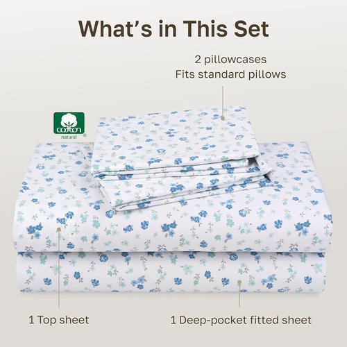 California Design Den Soft Full Cotton Sheet Set - 100% Cotton, 400 TC, Deep Pockets, Floral White/Blue