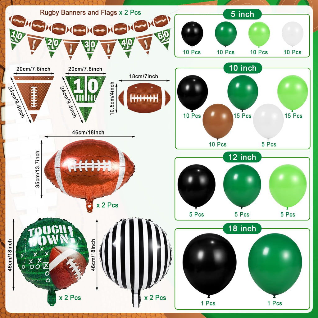 130 PCS Football Balloon Garland Arch Kit - Sage Green & Coffee Brown Balloons with Football Foil Balloon Foil Fringe Curtains for Touch Down Rugby Sport Theme Party Decorations