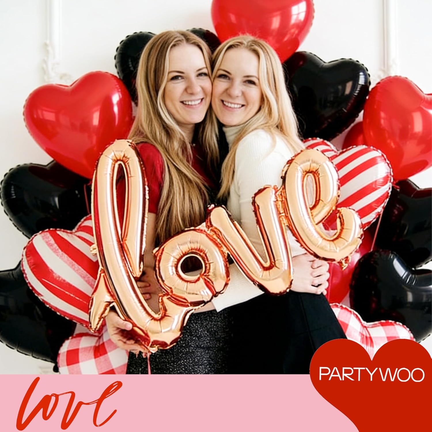PartyWoo Pink Balloons Set - 127 Pcs in Various Sizes with Red & Black Heart Foil for Valentine's Day Decor