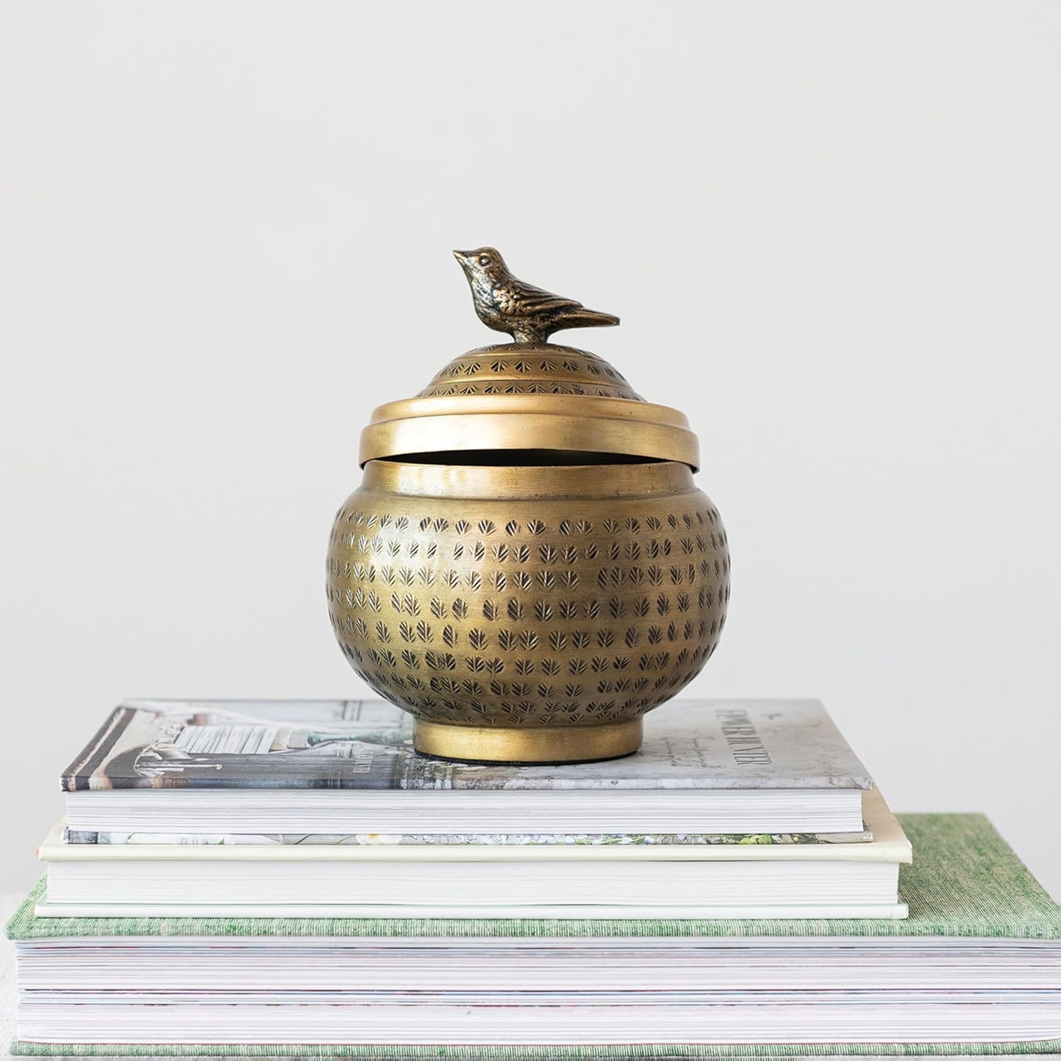 Round Hammered Metal Container - Bird Finial Design in Elegant Brass Finish