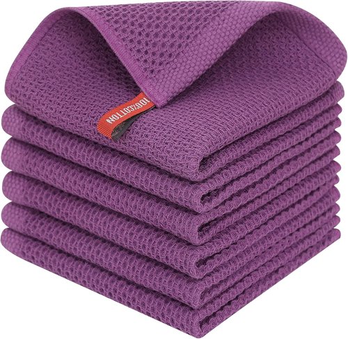 Homaxy Kitchen Dish Cloths - Ultra Soft 100% Cotton Waffle Weave, Quick Drying, 12 x 12 Inches, 6-Pack, Purple