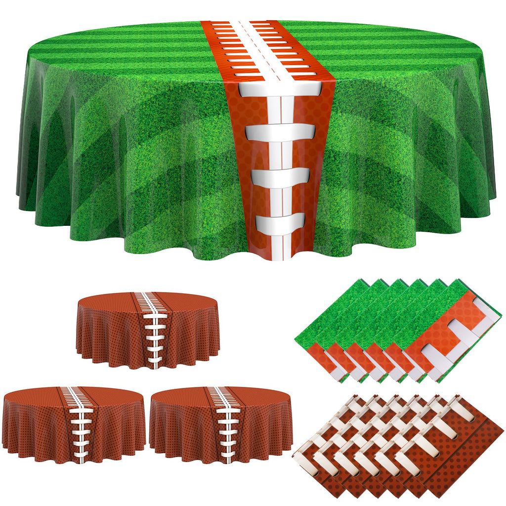 Oudain 12 Pcs Round Football Themed Tablecloths 84 Inch Football Field Tablecloth Green Grass Table Cover Plastic Sports Tablecloths Disposable Brown Ball Tablecloth for Birthday Party Supplies