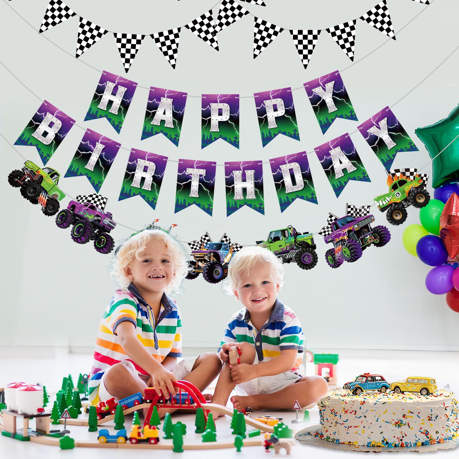 Pasimy 4 Pcs Monster Truck Birthday Banner Cars Truck Garland Black and White Checkered Flags Pennants Green Purple Happy Birthday Bunting Racing Car Theme Party Decorations Supplies