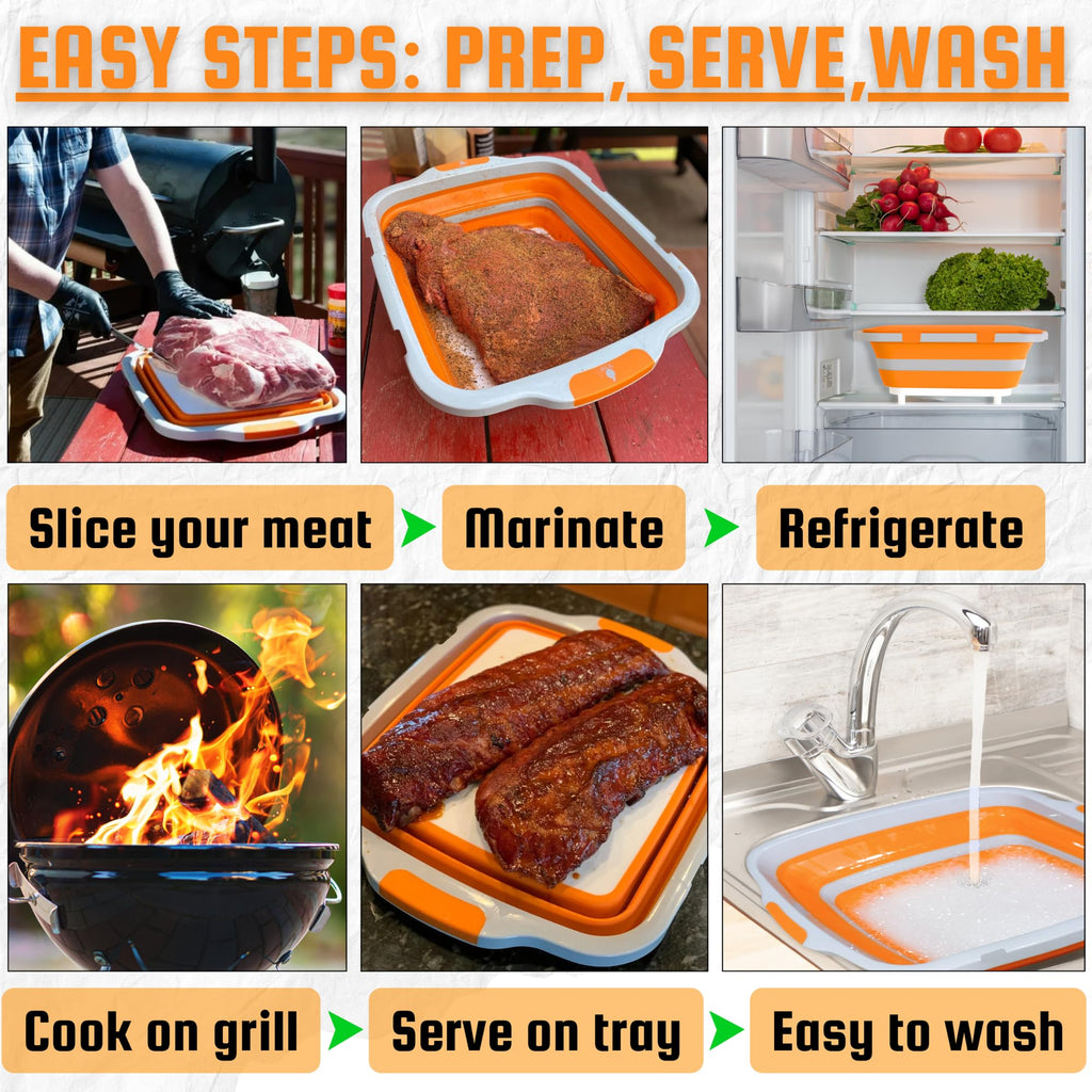 MAYALEAD BBQ Prep Tub with 2 Pcs Meat Shredder Claws, Collapsible Cutting Board, Cutting Board with Locking Lids, Drip Easy BBQ Prep Tub with lid-XL Size (Orange)