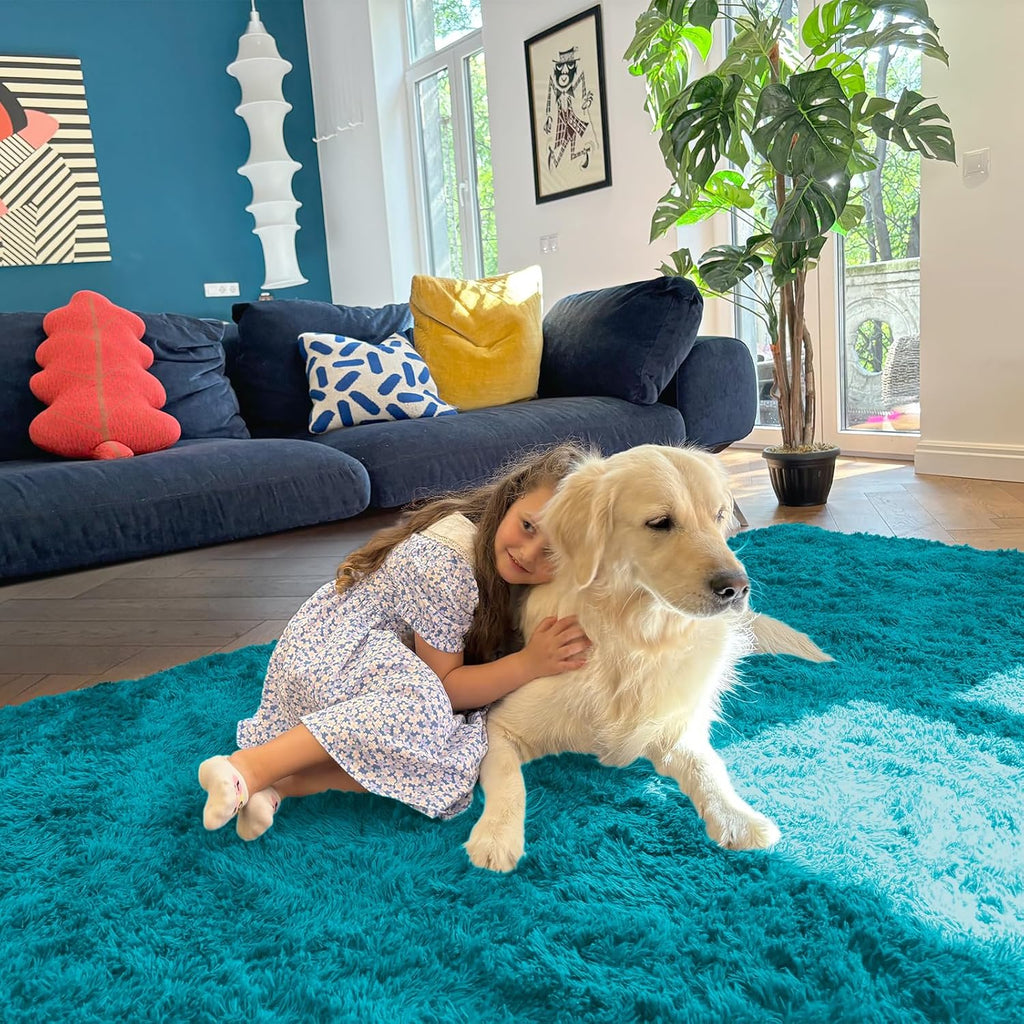 OLANLY 3x5 Soft Fluffy Shaggy Bedside Rug - Machine Washable Indoor Carpet for Kids & Nursery | Teal