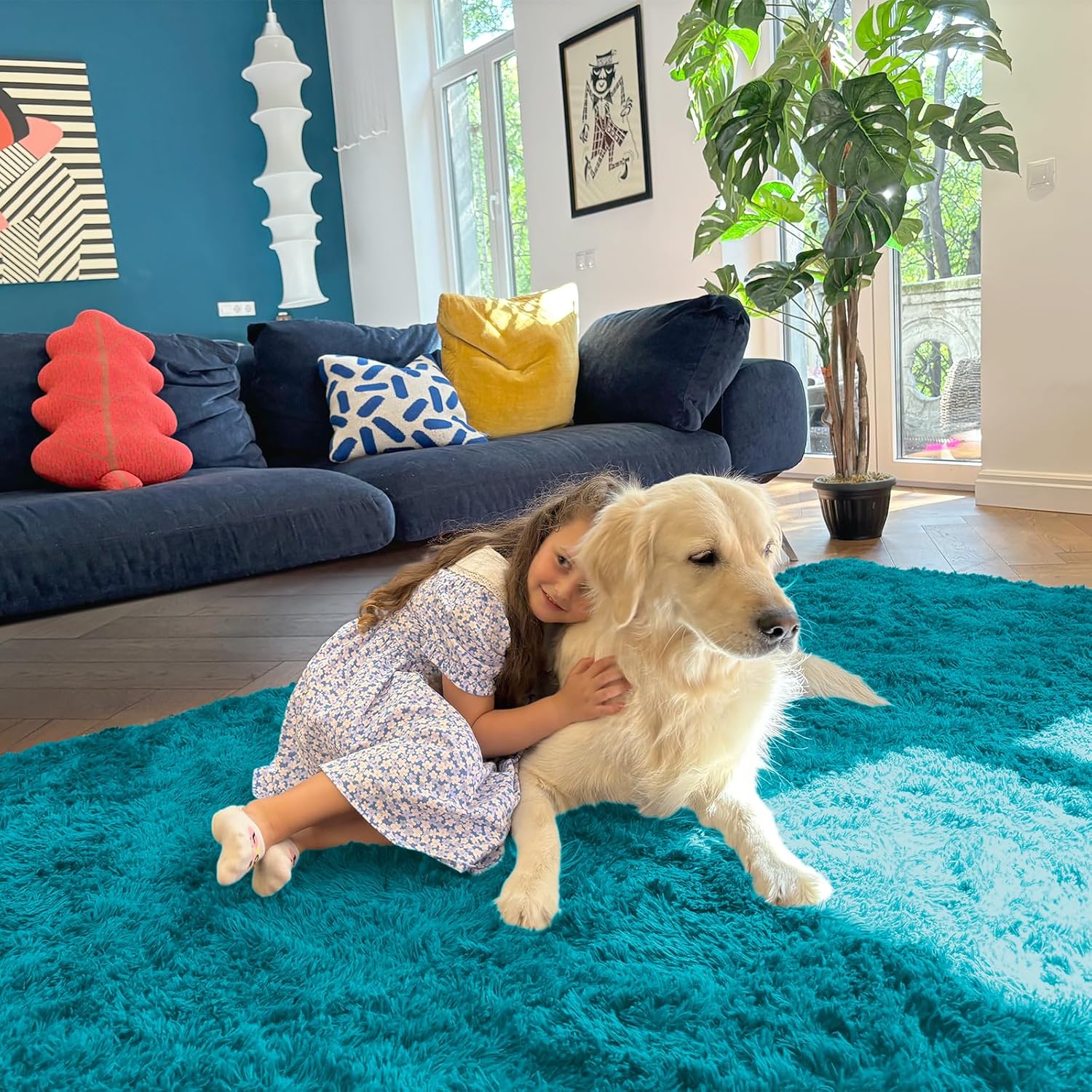 OLANLY 3x5 Soft Fluffy Shaggy Bedside Rug - Machine Washable Indoor Carpet for Kids & Nursery | Teal