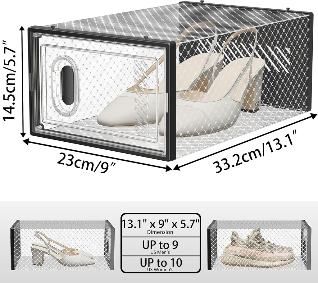 SIMPDIY Shoe Organizer - 12 Pack Clear Plastic Stackable Shoe Storage Boxes with Lids | Size 10, Black