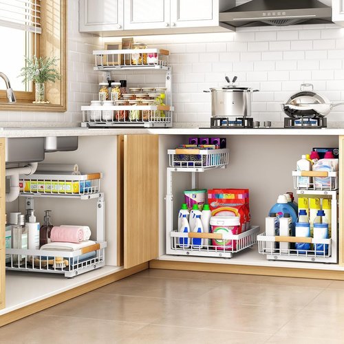 PXRACK Under Sink Organizer, Adjustable Height, 2-Pack 2 Tier Pull Out Under Cabinet Organizer, Slide Out Thickened Metal Under Sink Storage for Kitchen Bathroom Laundry Pantry Cabinet, S, White