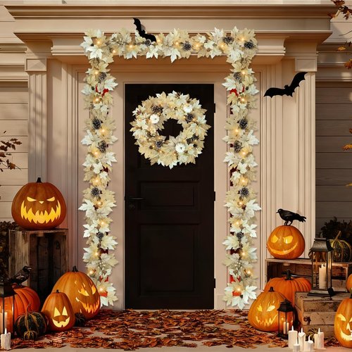 6 FT Realistic Fall Garland with Lights Timer Function Fall Leaves Maple Garland with Berries Pine Cones Autumn Automatic Fall Decorations for Home Mantle Fireplace Porch Table Decor