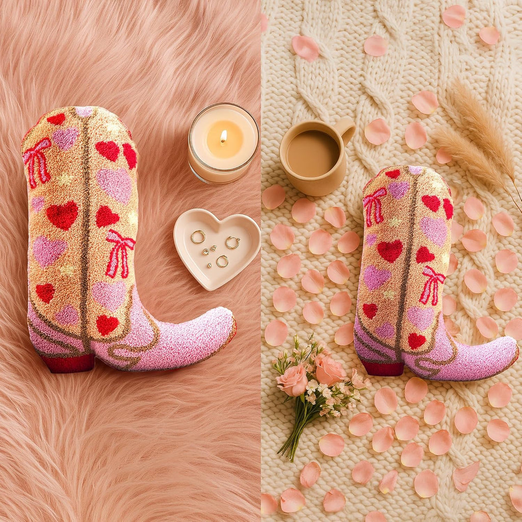 Cowgirl Boot Pillow for Pink & Preppy Aesthetic Room Decor - Textured Rodeo-Inspired Cowgirl Pillow with 3D Embroidered Pink & Red Hearts & Bows Design - Western Throw Pillows for Boho Decor