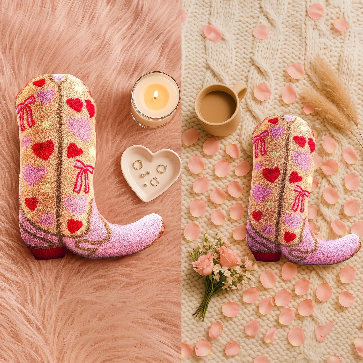 Cowgirl Boot Pillow for Pink & Preppy Aesthetic Room Decor - Textured Rodeo-Inspired Cowgirl Pillow with 3D Embroidered Pink & Red Hearts & Bows Design - Western Throw Pillows for Boho Decor