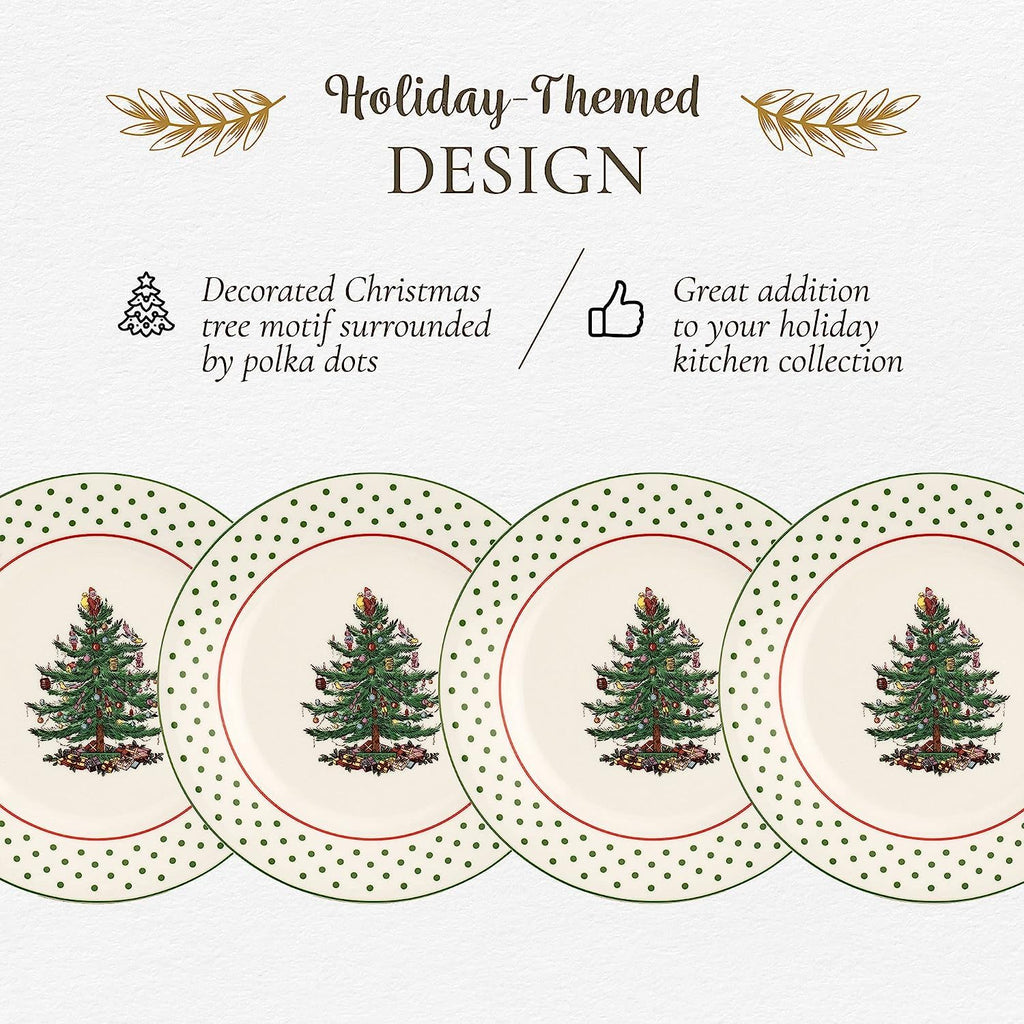 Spode Christmas Tree Polka Dot Dessert Plate (Set of 4) - Festive 8-Inch Stoneware Plates for Holiday Entertaining, Appetizers, Snacks - Microwave, Dishwasher, Freezer Safe Party Appetizer Dishes