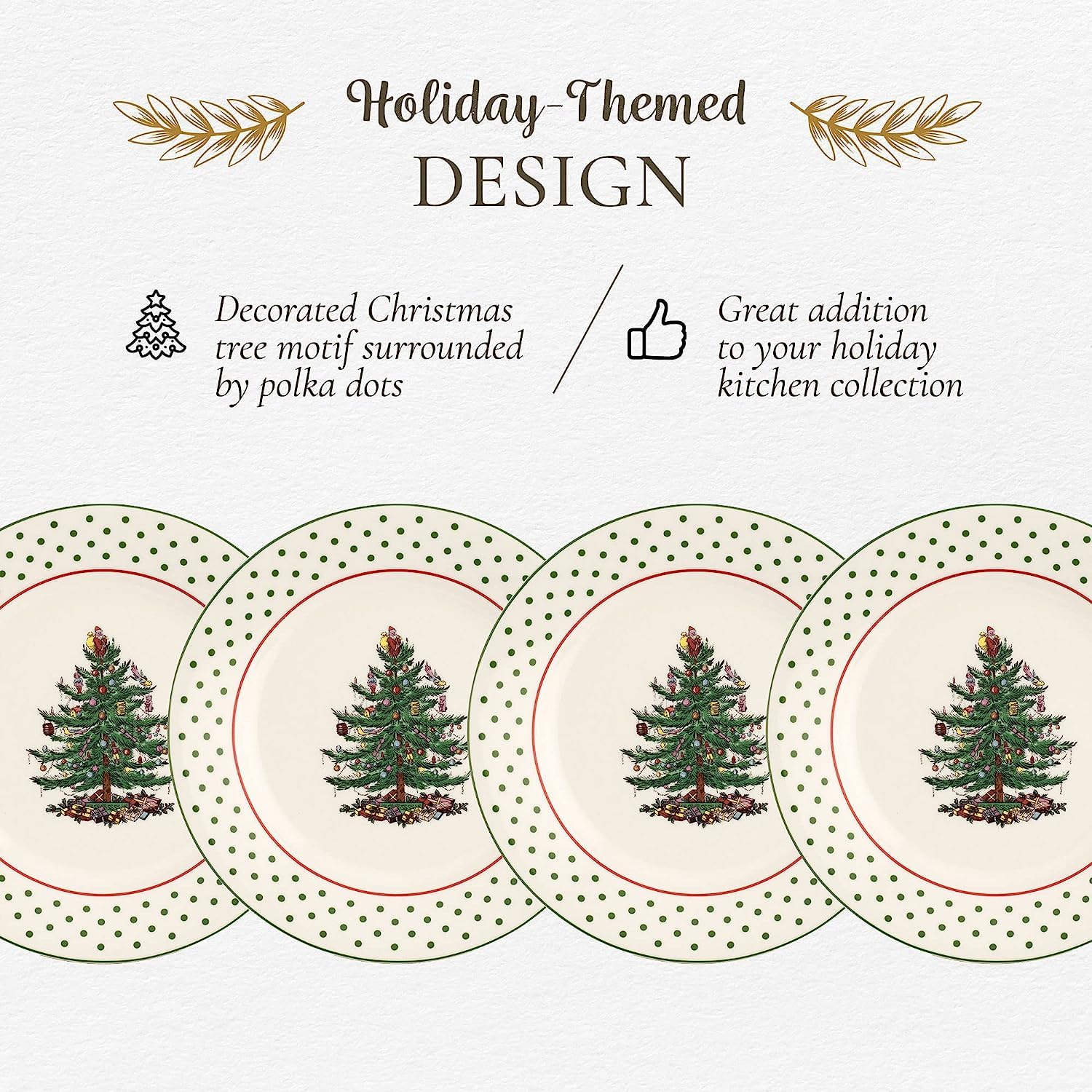 Spode Christmas Tree Polka Dot Dessert Plate (Set of 4) - Festive 8-Inch Stoneware Plates for Holiday Entertaining, Appetizers, Snacks - Microwave, Dishwasher, Freezer Safe Party Appetizer Dishes