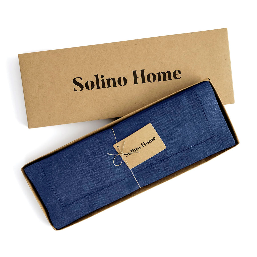Solino Home Linen Cloth Placemats Set of 4-100% Pure Linen Hemstitch Chambray Navy Placemats 14 x 19 Inch - Milan Hemstitch Table Place Mats for Mothers Day, Memorial Day