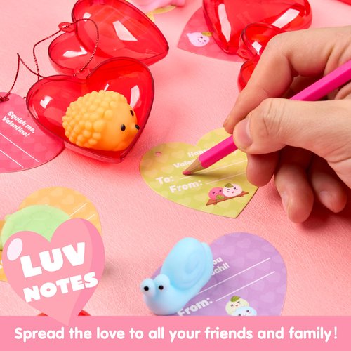 JOYIN 28 PCS Valentine’s Day Mochi Squishy Toys Filled Hearts and Gift Cards for Kids Valentine Classroom Exchange Party Favors, Kawaii Stress Relief Toys for School Game Prizes and Carnivals Gift