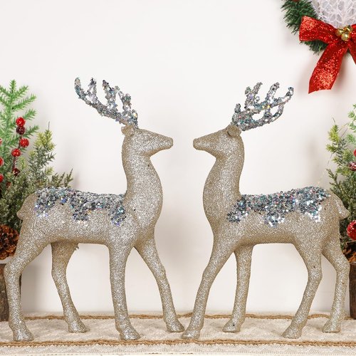 Juegoal Glitter Reindeer Figurines - Set of 2 Christmas Tabletop Decorations | 12.6" Plastic Elk Ornaments